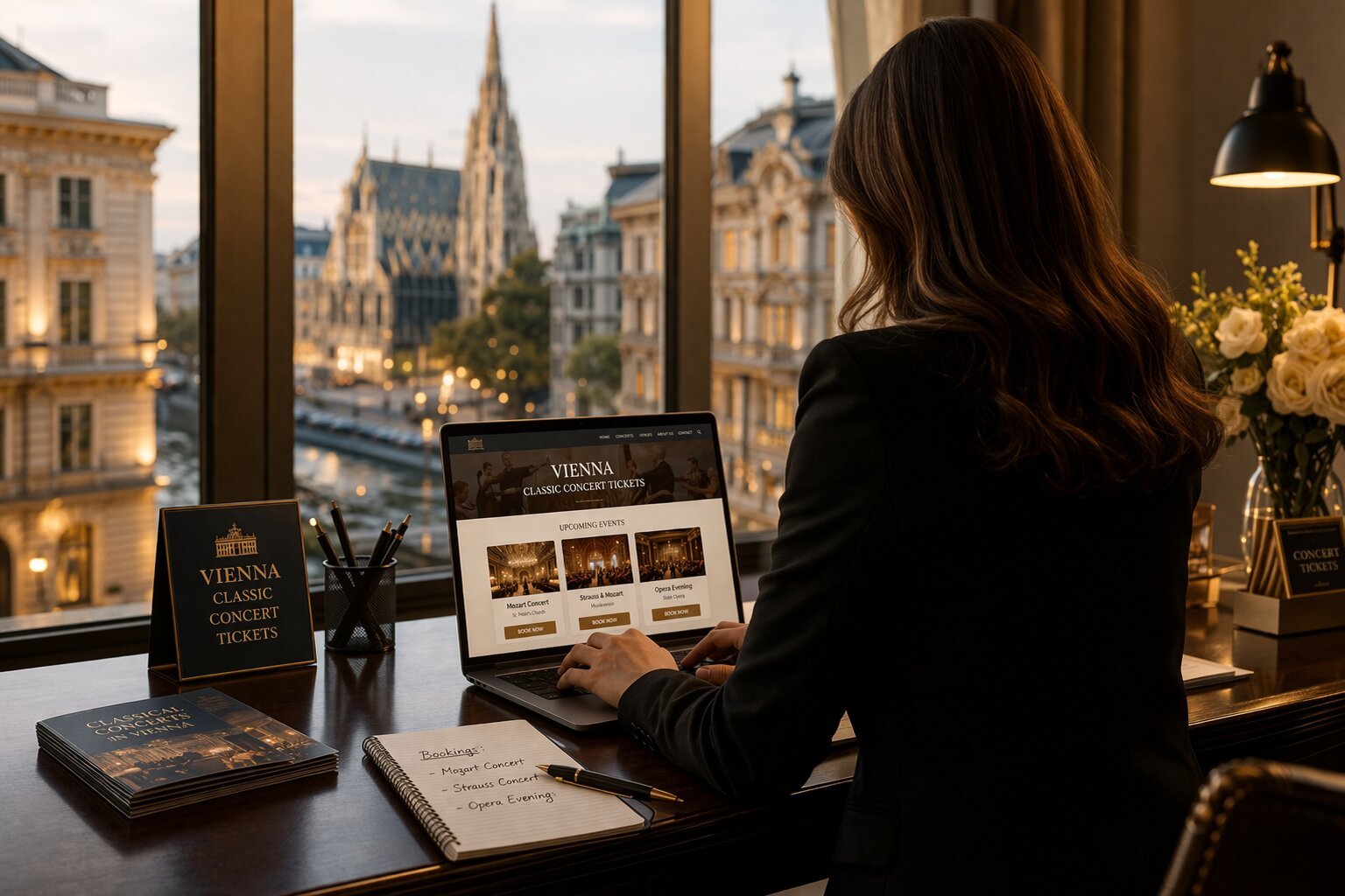 Vienna Classic Events woman standing in front of laptop with website open