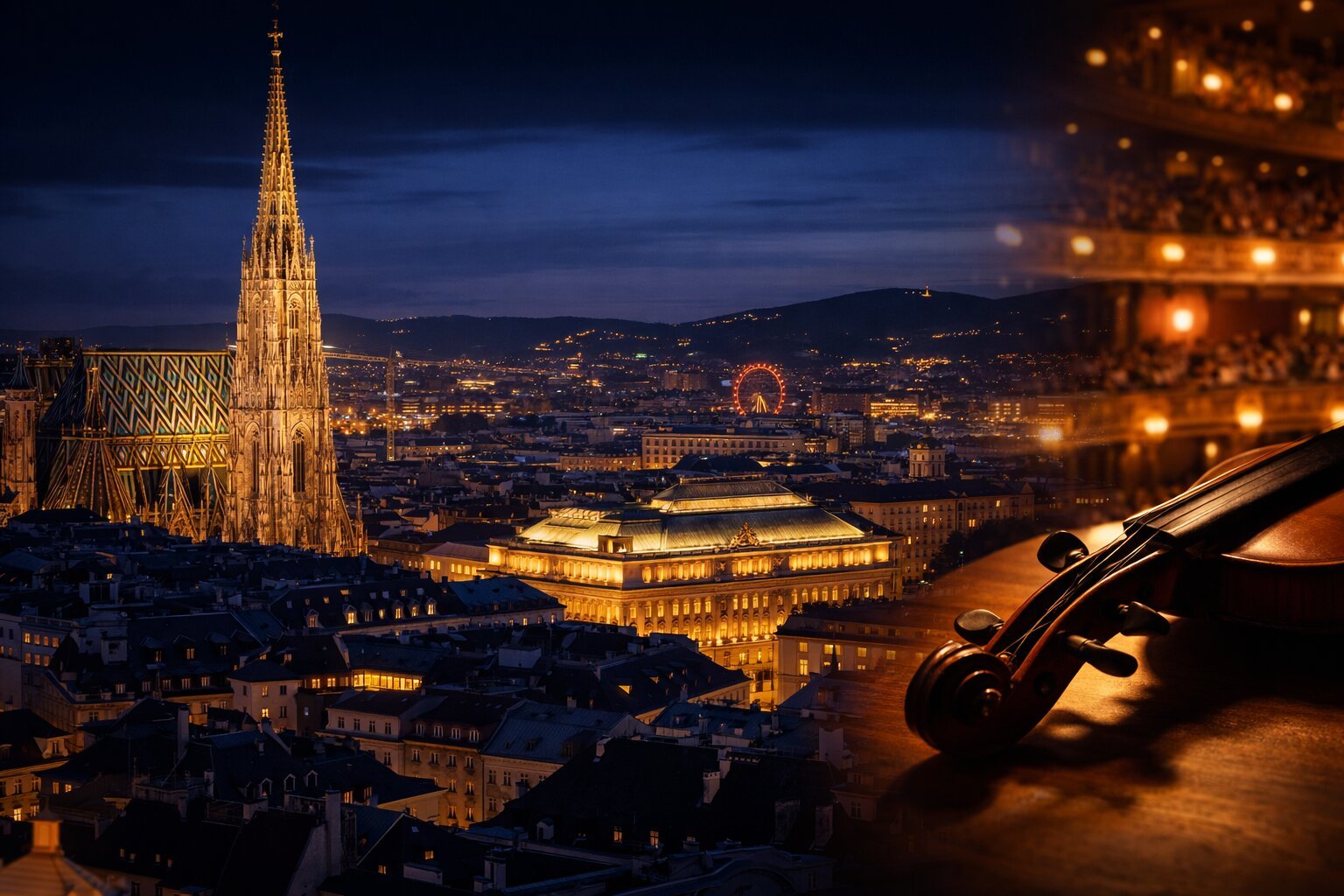 Vienna night city view with violin and classical music atmosphere