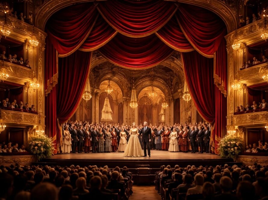 Opera performance in Vienna with red curtains and luxury golden stage lighting