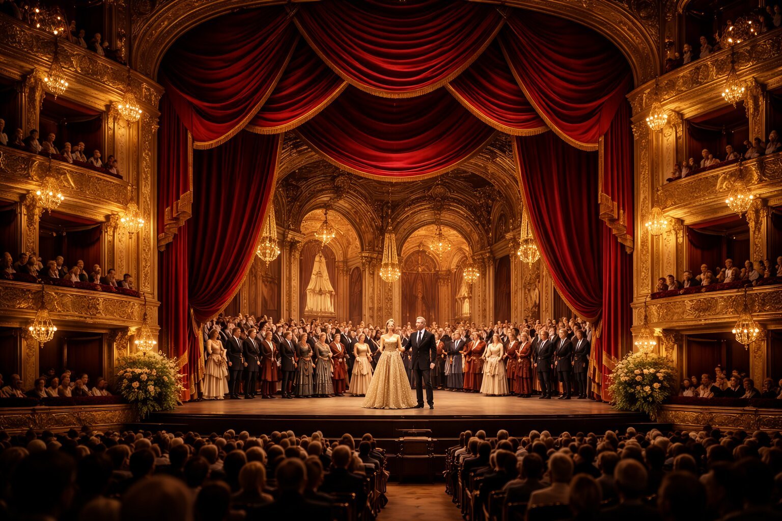 Opera performance in Vienna with red curtains and luxury golden stage lighting